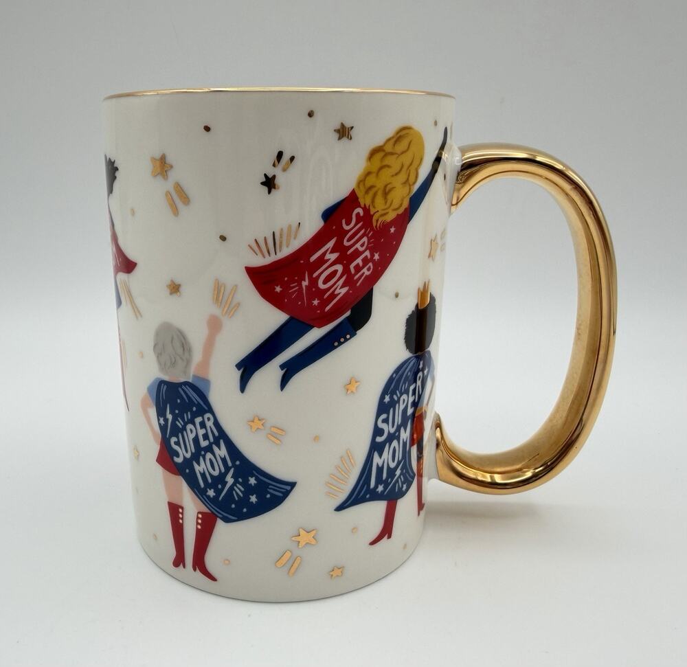 Anthropologie Rifle Paper Co. SUPER MOM Cape 14oz Coffee Mug with Gold Handle